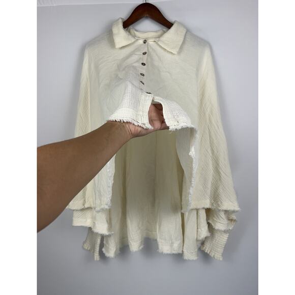 Oli & Hali Ivory Crinkled Cotton Gauze S/M Oversized Button Down Boho Tunic Top - Picture 7 of 11